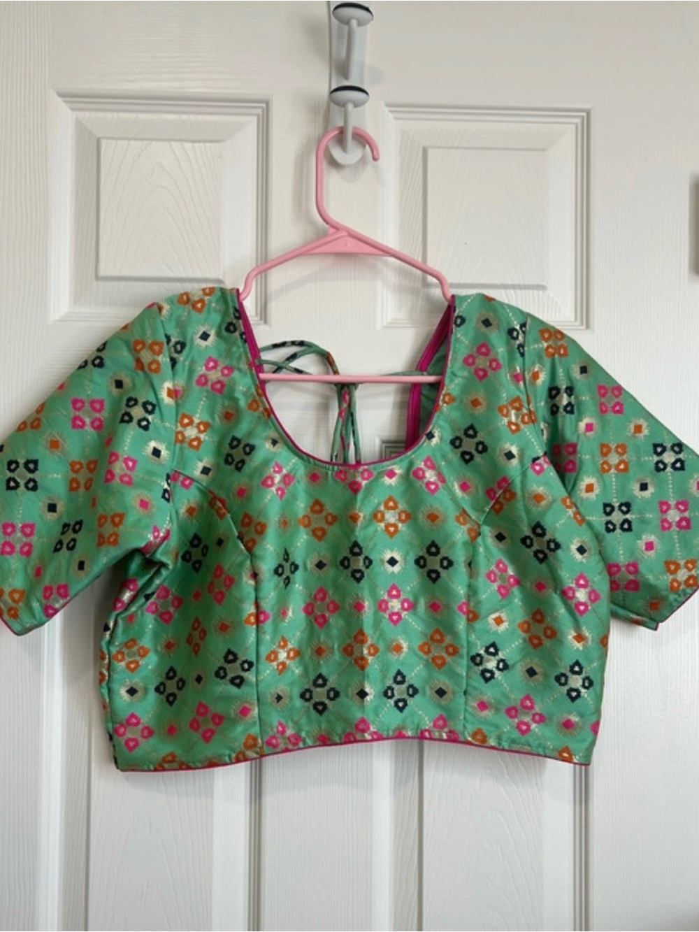 Green Patterned Women's Blouse with Back Tie Indian Blouse